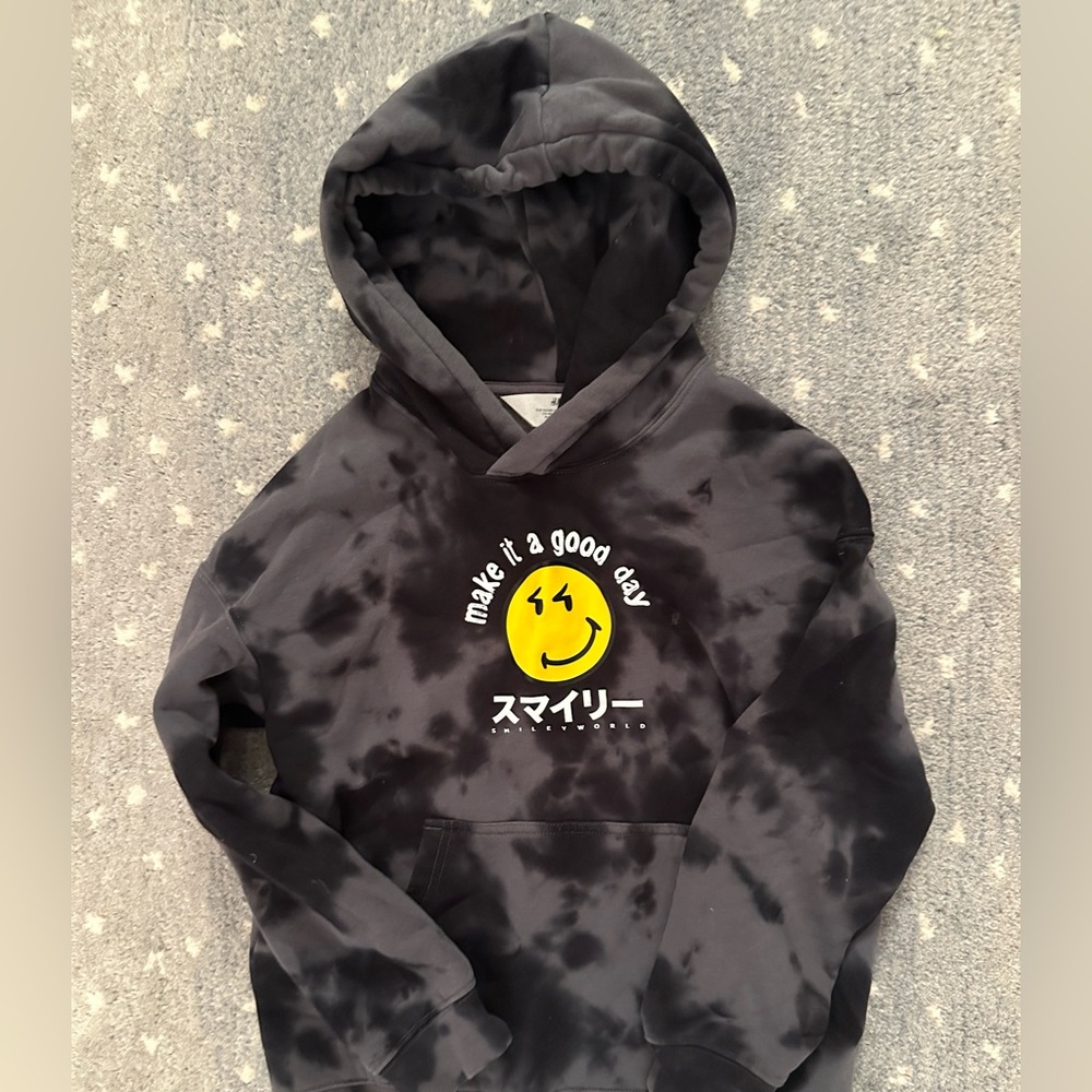 H&M Smiley World Tie Dye Black Yellow Sweatshirt Hoodie US 8/10